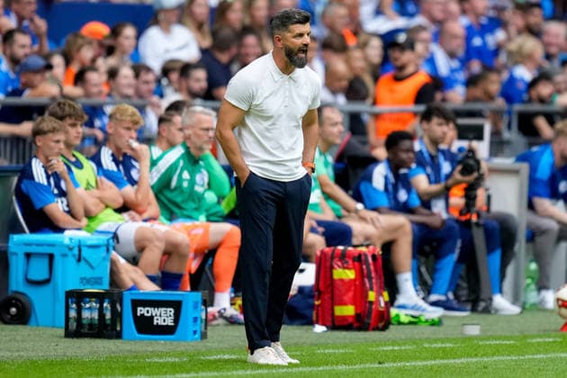 FC Schalke 04 coach Miron Muslic watches during the preseason friendly match between FC Schalke 04 and Real Madrid at Veltins Arena on August 16, 2026, in Gelsenkirchen, Germany. Photo by Alex Gottschalk, DeFodi Images