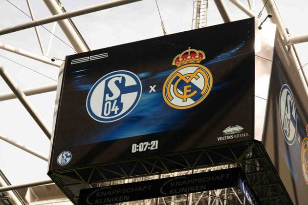 August 16, 2026: Soccer – FC Schalke 04 vs. Real Madrid, Friendly Match at the Veltins Arena in Gelsenkirchen; Scoreboard: Schalke 04 vs. Real Madrid; IMPORTANT NOTICE: In accordance with DFL and DFB regulations, it is prohibited to use or allow the use of photographs taken in the stadium and or during the match in the form of sequential images and or video-like photo sequences Copyright: xJamesxZabelx