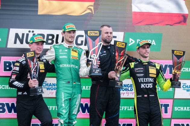 August 16, 2026, GER, Motorsports, ADAC DTM, 2026 Season, Nürburgring: Marco Wittmann (Germany), Schubert Motorsport, BMW M4 GT3 Evo, 11; Tom Kalender (Germany), Mercedes AMG Team Landgraf, Mercedes AMG GT3, 84; and Thomas Preining (Austria), Manthey, Porsche 911 GT3 R, 91 on the podium of Sunday’s DTM race at the Nürburgring, Rhineland-Palatinate, Germany Copyright: xnordphotoxGmbHx xKnabx
