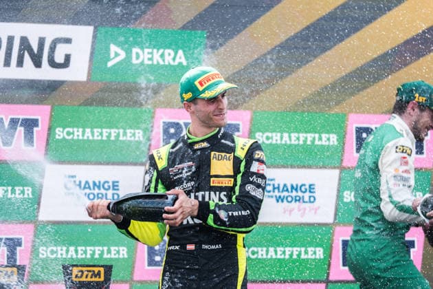 August 16, 2026, GER, Motorsports, ADAC DTM, 2026 Season, Nürburgring, Thomas Preining (Austria), Manthey, Porsche 911 GT3 R, 91 celebrates third place on the podium in Sunday’s DTM race at the Nürburgring, Nürburg, Rhineland-Palatinate, Germany Copyright: xnordphotoxGmbHx xKnabx