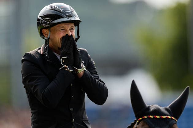 August 16, 2026: Michael Jung of Germany and his horse fischerChipmunk celebrate after winning gold in the Eventing Show Jumping Final on Day 6 of the 2026 FEI World Championships on August 16, 2026 in Aachen. Photo by Emma Wallskog, BILDBYRAN, code EW EW0687. equestrian sports, riding, 2026 World Championships, 2026 FEI World Championships, BBENG, equestrian sports, World Championships, eventing, celebration  Copyright: EMMAxWALLSKOG BB260816EW049