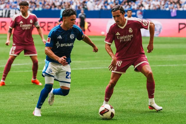 August 16, 2026, xjmrgnx, Soccer Friendly Match, FC Schalke 04 vs. Real Madrid: A duel between Soufiane El Faouzi (23), Schalke, and Ã u0081Álvaro Carreras (18), Real Madrid. DFL and DFB regulations prohibit any use of photographs as image sequences and or quasi-video. Gelsenkirchen