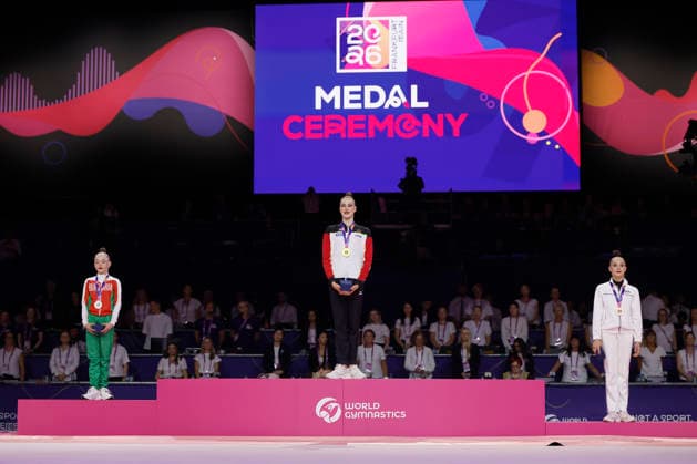Medal Ceremony for the Ribbon Final at the 2026 Rhythmic Gymnastics World Championships in Frankfurt am Main, Germany, on August 16, 2026: from left, Stiljana Nikolova of Bulgaria (silver), Darja Varfolomeev of Germany (gold), and Sofija Ilterjakova, a neutral athlete, bronze on the podium. Medal ceremony for the ribbon final at the 2026 Rhythmic Gymnastics World Championships in Frankfurt am Main, Germany, on August 16, 2026; from left to right: Stiliana Nikolova (Bulgaria), silver; Darja Varfolomeev (Germany), gold; and Sofija Ilterjakowa (Individual Neutral Athlete), bronze on the podium Copyright: HMBxMedia xHeikoxBecker