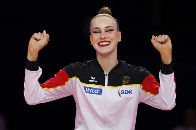 Darja Varfolomeev (GER) celebrates as she steps onto the podium for the medal ceremony of the ribbon final at the 2026 Rhythmic Gymnastics World Championships in Frankfurt am Main, Germany, on August 16, 2026 Darja Varfolomeev (GER) celebrates as she steps onto the podium for the medal ceremony of the ribbon final at the 2026 Rhythmic Gymnastics World Championships in Frankfurt am Main, Germany, on August 16, 2026 Copyright: HMBxMedia xHeikoxBecker
