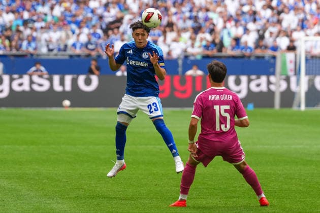 August 16, 2026, xydrx, Men s, Soccer, Friendly Match, FC Schalke 04 vs. Real Madrid, 2026–2027 Season, Veltins Arena, Soufiane El Faouzi (FC Schalke 04), 23 Arda Güler (Real Madrid), 15 DFB regulations prohibit any use of photographs as image sequences and or quasi-video Copyright: HMBxMedia YannisxDreimann