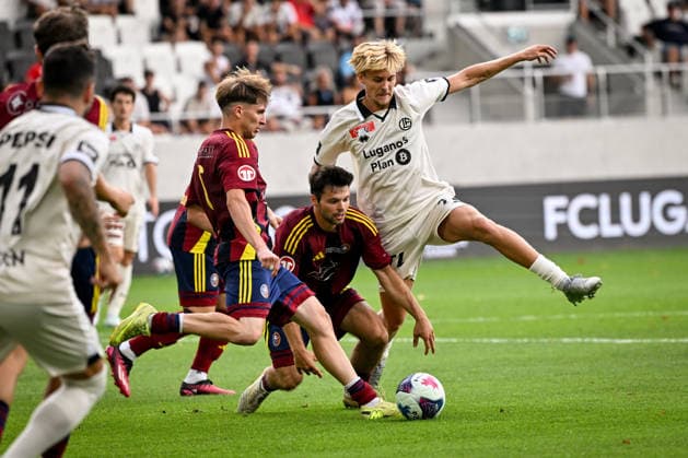 LUGANO, SWITZERLAND, AUGUST 16: Elias Pihlstrom of Lugano faces off against Diego Bianchi of Vedeggio L during the Swiss Cup match between Vedeggio Calcio and FC Lugano at the AIL Arena on August 16, 2026, in Lugano, Switzerland. Lugano, AIL Arena, Ticino, Switzerland Copyright: xJustPictures.ch AndreaxBrancax jp-en-EuSpIm-AB_16082026_4785