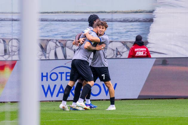 Germany 3rd Division, 2026–2027 Season, August 16, 2026, Matchday 2, FC Hansa Rostock vs. Waldhof Mannheim, Ostseestadion: Celebrations after Waldhof Mannheim’s goal to make it 2–3, scored by Bierschenk; Lovis (Waldhof Mannheim, 7), Okeke, Jid (Waldhof Mannheim, 25) Copyright: xMichellexLukax