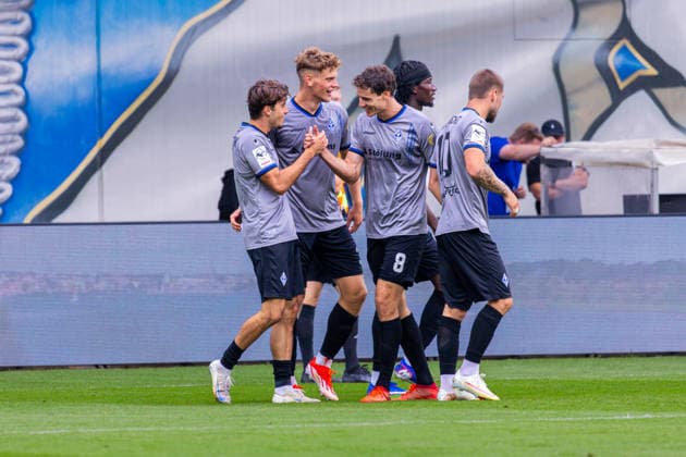 Germany 3rd Division, 2026–2027 Season, August 16, 2026, Matchday 2, FC Hansa Rostock vs. Waldhof Mannheim, Ostseestadion: Celebrations after Waldhof Mannheim’s goal to make it 2–3, scored by Bierschenk; Lovis (Waldhof Mannheim, 7), Thalhammer, Maximilian Waldhof Mannheim, 8, Okeke, Jid Waldhof Mannheim, 25, Polte, Moritz Waldhof Mannheim, 3 Copyright: xMichellexLukax