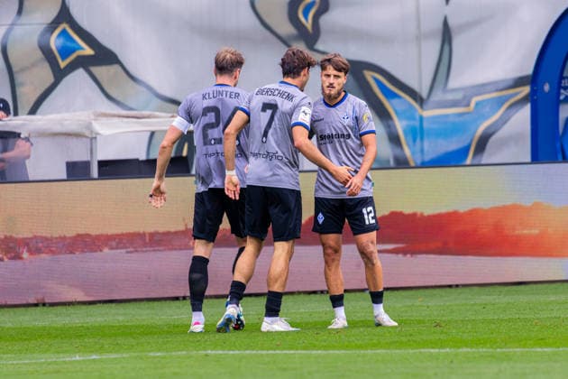 Germany 3rd Division, 2026–2027 Season, August 16, 2026, Matchday 2, FC Hansa Rostock vs. Waldhof Mannheim, Ostseestadion—Celebrations after Waldhof Mannheim’s goal to make it 2–3, scored by Bierschenk; Lovis (Waldhof Mannheim, 7), Klünter, Lukas (Waldhof Mannheim, 24), Thill, Vincent Waldhof Mannheim, 12 Copyright: xMichellexLukax