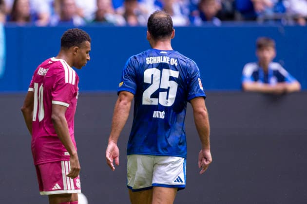 August 15, 2026, Soccer, Friendly Match: FC Schalke 04 vs. Real Madrid CF; Kylian Mbappé (Real Madrid CF) and Nikola Katic (FC Schalke 04) in discussion; Gelsenkirchen, Veltins Arena, North Rhine-Westphalia, Germany; xRHR; PHOTO: DEx Copyright: DennisxEwert RHR-FOTOx RHR-FOTO DE