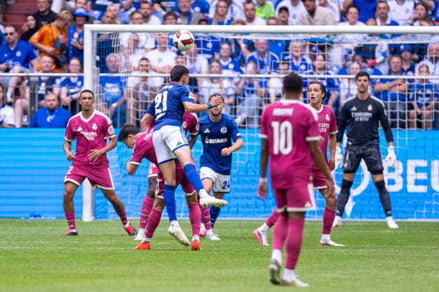 August 15, 2026, Soccer, Friendly Match: FC Schalke 04 vs. Real Madrid CF; Dejan Ljubicic; FC Schalke 04 heading toward the goal; Gelsenkirchen, Veltins Arena, North Rhine-Westphalia, Germany; xRHR PHOTO DEx Copyright: DennisxEwert RHR-FOTOx RHR-FOTO DE