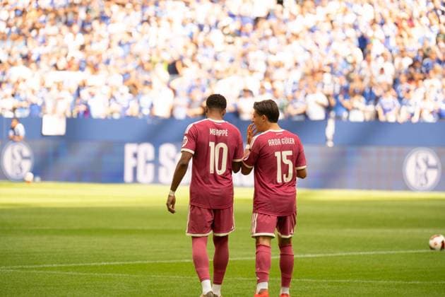 August 16, 2026: Soccer – FC Schalke 04 vs. Real Madrid, friendly match at the Veltins Arena in Gelsenkirchen. Kylian Mbappé (Real Madrid, No. 10) and Arda Güler (Real Madrid, 15 together shortly before kickoff IMPORTANT NOTICE In accordance with DFL and DFB regulations, it is prohibited to use or allow the use of photographs taken in the stadium and or during the game in the form of sequential images and or video-like photo series Copyright: xJamesxZabelx