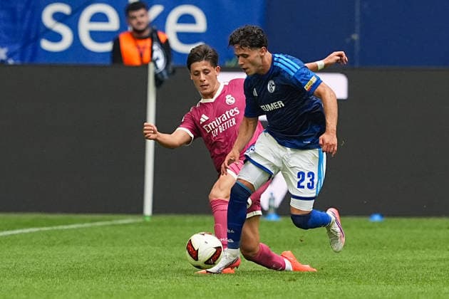 August 16, 2026, xydrx, Men s, Soccer, Friendly Match, FC Schalke 04 vs. Real Madrid, 2026–2027 Season, Veltins Arena, Arda Gueler (Real Madrid), No. 15 in a tackle against Soufiane El Faouzi (FC Schalke 04), No. 23. DFB regulations prohibit any use of photographs as image sequences and or quasi-video. Copyright: HMBxMedia YannisxDreimann