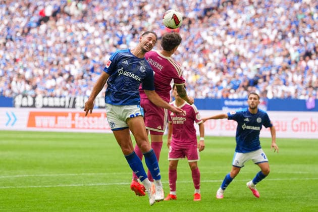 August 16, 2026, xydrx, Men s, Soccer, Friendly Match, FC Schalke 04 vs. Real Madrid, 2026–2027 Season, Veltins Arena, Nikola Katic (FC Schalke 04), age 25, in a tackle against Federico Valverde (Real Madrid), 8. DFB regulations prohibit any use of photographs as image sequences and or quasi-video. Copyright: HMBxMedia YannisxDreimann
