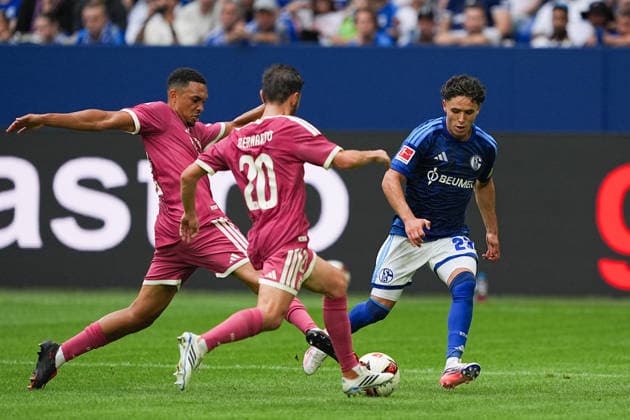 August 16, 2026, xydrx, Men s, Soccer, Friendly Match, FC Schalke 04 vs. Real Madrid, 2026–2027 Season, Veltins Arena: Soufiane El Faouzi (FC Schalke 04), No. 23, in a tackle against Trent Alexander-Arnold (Real Madrid), No. 12, and Bernardo Silva (Real Madrid), No. 20. DFB regulations prohibit any use of photographs as image sequences and or quasi-video. Copyright: HMBxMedia YannisxDreimann