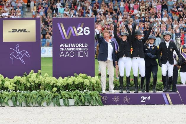 Awards Ceremony: 2nd Place Team, Germany (from left to right): Michael Jung on fischerChipmunk FRH, Libussa Lübbeke on Caramia FRH, Julia Krajewski on Uelzeners Nickel, Malin Hansen Hotopp on Carlitos Quidditch K, and team captain Dr. Annette Wyrwoll, Eventing, FEI Eventing World Championship, DHL Prize, Individual Team, Aachen FEI World Championships 2026, World Festival of Equestrian Sports, 2026 World Equestrian Games, Aachen 2026, Welcome Home 2026, Aachen Soers, August 11–23, 2026, Equestrian Sports, August 16, 2026, Aachen Soers, Germany