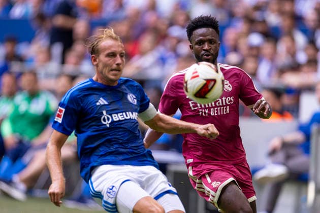 August 15, 2026, Soccer, Friendly Match: FC Schalke 04 vs. Real Madrid CF, Timo Becker (FC Schalke 04) and Vinicius Junior (Real Madrid CF) face off at the Veltins Arena in Gelsenkirchen, North Rhine-Westphalia, Germany xRHR PHOTO DEx Copyright: DennisxEwert RHR-FOTOx RHR-FOTO DE