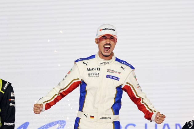 Wild celebration by World Champion Pascal Wehrlein (GER, Porsche) on the podium, FIA Formula E World Championship, Season 12, London E-Prix, August 16, 2026, Excel Exhibition Center, Race 2