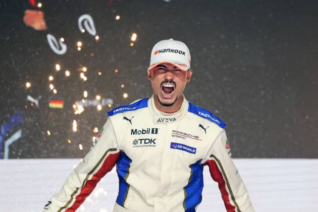 World Champion Pascal Wehrlein (GER) in a Porsche on the podium, FIA Formula E World Championship, Season 12, London E-Prix, August 16, 2026, Excel Exhibition Center, Race 2