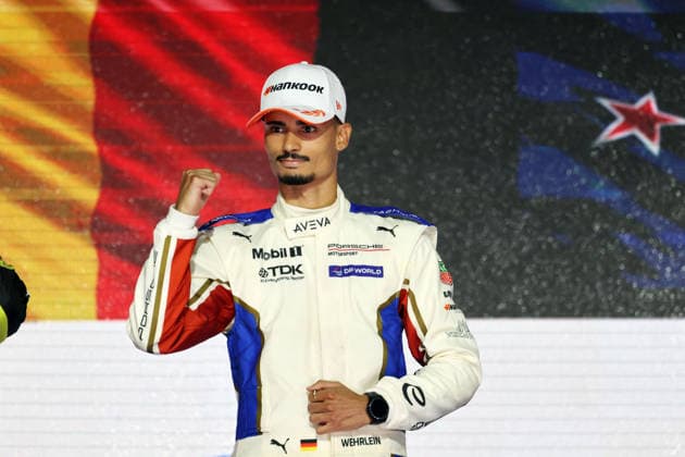 World Champion Pascal Wehrlein (GER) in a Porsche on the podium, FIA Formula E World Championship, Season 12, London E-Prix, August 16, 2026, Excel Exhibition Center, Race 2