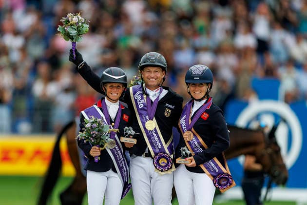 2026 FEI World Championships in Aachen, AACHEN FEI World Championships 2026 JUNG Michael GER, CANTER Rosalind GBR, COLLETT Laura GBR Medal Ceremony – Individual Medal Presentation, FEI Eventing World Championship Jumping Final – Team and Individual, Aachen, Soers Equestrian Stadium, August 16, 2026