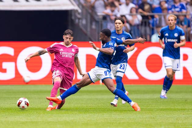 August 15, 2026, Soccer, Friendly Match: FC Schalke 04 vs. Real Madrid CF, featuring Federico Valverde (Real Madrid CF) and Moussa Sylla (FC Schalke 04), Gelsenkirchen, Veltins Arena, North Rhine-Westphalia, Germany, xRHR, PHOTO DEx Copyright: DennisxEwert RHR-FOTOx RHR-FOTO DE