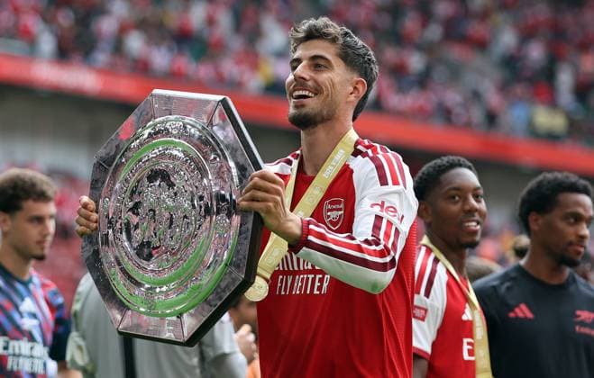 Kai Havertz of Arsenal celebrates with the Community Shield Arsenal v Manchester City, FA Community Shield, Football, Principality Stadium, Cardiff, Wales, UK - 16 Aug 2026Cardiff Principality Stadium Wales United Kingdom EDITORIAL USE ONLY No use with unauthorised audio, video, data, fixture lists, club league logos or live services. Online in-match use limited to 120 images, no video emulation. No use in betting, games or single club league player publications. Copyright: xKieranxMcManus Shutterstockx 17070166ca