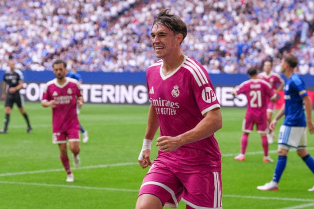 August 16, 2026, xydrx, Men s, Soccer, Friendly Match, FC Schalke 04 vs. Real Madrid, 2026–2027 Season, Veltins Arena: Celebrations after Real Madrid’s 3–0 goal scored by Carlos Espi, Real Madrid, 19. DFB regulations prohibit any use of photographs as image sequences and or quasi-video. Copyright: HMBxMedia YannisxDreimann