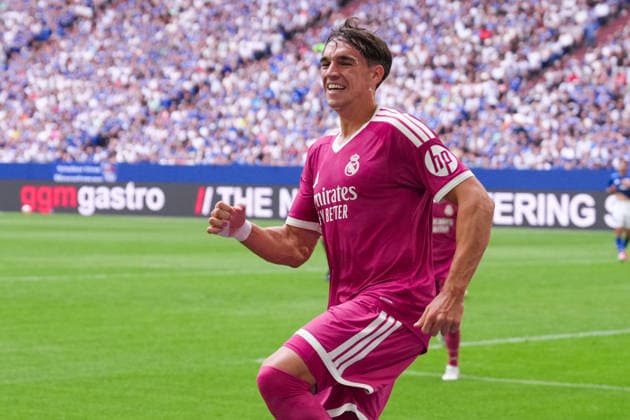 August 16, 2026, xydrx, Men s, Soccer, Friendly Match, FC Schalke 04 vs. Real Madrid, 2026–2027 Season, Veltins Arena: Celebrations after Real Madrid’s 3–0 goal scored by Carlos Espi, Real Madrid, 19. DFB regulations prohibit any use of photographs as image sequences and or quasi-video. Copyright: HMBxMedia YannisxDreimann