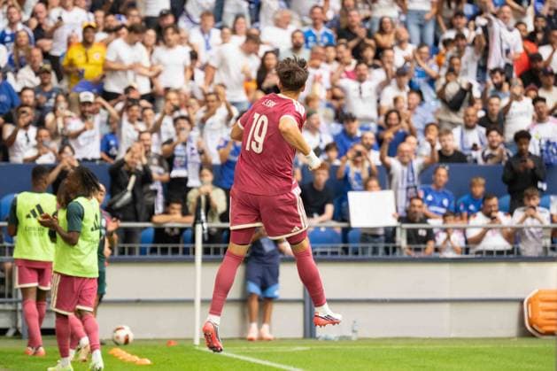 August 16, 2026 Soccer: FC Schalke 04 vs. Real Madrid, Friendly match at the Veltins Arena in Gelsenkirchen; Carlos Espi of Real Madrid celebrates a goal, 19 minutes after Real Madrid scored to make it 3–0. IMPORTANT NOTICE: In accordance with the regulations of the DFL and the DFB, it is prohibited to use or allow the use of photographs taken in the stadium and or during the match in the form of sequential images and or video-like photo series Copyright: xJamesxZabelx