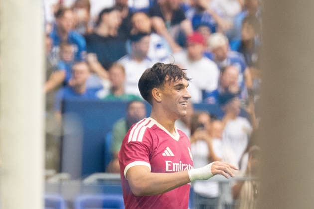 August 16, 2026 Soccer: FC Schalke 04 vs. Real Madrid, Friendly match at the Veltins Arena in Gelsenkirchen; Carlos Espi of Real Madrid celebrates a goal, 19 minutes after Real Madrid scored to make it 3–0. IMPORTANT NOTICE: In accordance with the regulations of the DFL and the DFB, it is prohibited to use or allow the use of photographs taken in the stadium and or during the match in the form of sequential images and or video-like photo series Copyright: xJamesxZabelx
