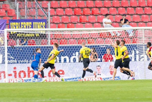 August 16, 2026, Soccer, GER, Season, 3rd Division, 2026–2027 Season, Matchday 2, SSV Jahn Regensburg 1 FC Saarbrücken Jubilation after Saarbrücken’s 1–0 last-minute goal by Kai Brünker DFL REGULATIONS PROHIBIT ANY USE OF PHOTOGRAPHS AS IMAGE SEQUENCES AND OR QUASI-VIDEO