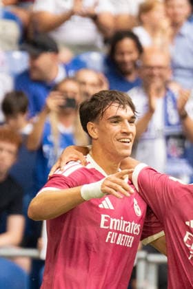 August 16, 2026 Soccer: FC Schalke 04 vs. Real Madrid, Friendly match at the Veltins Arena in Gelsenkirchen; Carlos Espi of Real Madrid celebrates a goal, 19 minutes after Real Madrid scored to make it 3–0. IMPORTANT NOTICE: In accordance with the regulations of the DFL and the DFB, it is prohibited to use or allow the use of photographs taken in the stadium and or during the match in the form of sequential images and or video-like photo series Copyright: xJamesxZabelx