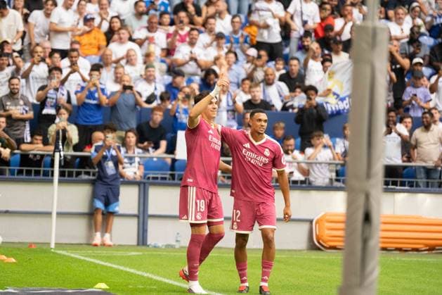 August 16, 2026 Soccer: FC Schalke 04 vs. Real Madrid, Friendly match at the Veltins Arena in Gelsenkirchen; Carlos Espi of Real Madrid celebrates a goal, 19 minutes after Real Madrid scored to make it 3–0. IMPORTANT NOTICE: In accordance with the regulations of the DFL and the DFB, it is prohibited to use or allow the use of photographs taken in the stadium and or during the match in the form of sequential images and or video-like photo series Copyright: xJamesxZabelx