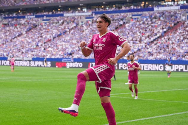 August 16, 2026, xydrx, Men s, Soccer, Friendly Match, FC Schalke 04 vs. Real Madrid, 2026–2027 Season, Veltins Arena: Celebrations after Real Madrid’s 3–0 goal scored by Carlos Espi, Real Madrid, 19. DFB regulations prohibit any use of photographs as image sequences and or quasi-video. Copyright: HMBxMedia YannisxDreimann