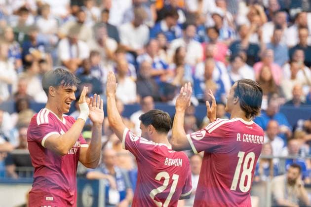 August 16, 2026 Soccer: FC Schalke 04 vs. Real Madrid, Friendly match at the Veltins Arena in Gelsenkirchen; Carlos Espi of Real Madrid celebrates a goal, 19 minutes after Real Madrid scored to make it 3–0. IMPORTANT NOTICE: In accordance with the regulations of the DFL and the DFB, it is prohibited to use or allow the use of photographs taken in the stadium and or during the match in the form of sequential images and or video-like photo series Copyright: xJamesxZabelx
