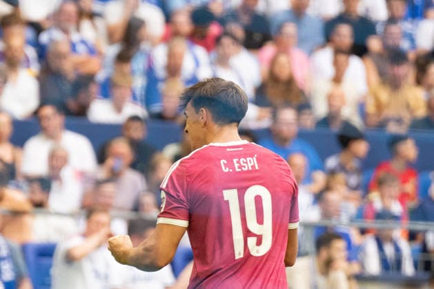 August 16, 2026 Soccer: FC Schalke 04 vs. Real Madrid, Friendly match at the Veltins Arena in Gelsenkirchen; Carlos Espi of Real Madrid celebrates a goal, 19 minutes after Real Madrid scored to make it 3–0. IMPORTANT NOTICE: In accordance with the regulations of the DFL and the DFB, it is prohibited to use or allow the use of photographs taken in the stadium and or during the match in the form of sequential images and or video-like photo series Copyright: xJamesxZabelx