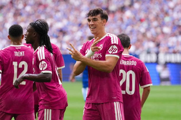 August 16, 2026, xydrx, Men s, Soccer, Friendly Match, FC Schalke 04 vs. Real Madrid, 2026–2027 Season, Veltins Arena: Celebrations after Real Madrid’s 3–0 goal scored by Carlos Espi, Real Madrid, 19. DFB regulations prohibit any use of photographs as image sequences and or quasi-video. Copyright: HMBxMedia YannisxDreimann