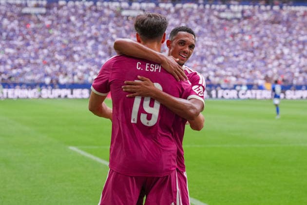 August 16, 2026, xydrx, Men s, Soccer, Friendly Match, FC Schalke 04 vs. Real Madrid, 2026–2027 Season, Veltins Arena: Celebrations after Real Madrid’s 3–0 goal scored by Carlos Espi (Real Madrid, No. 19) alongside Trent Alexander-Arnold (Real Madrid, No. 12). DFB regulations prohibit any use of photographs as image sequences and or quasi-video. Copyright: HMBxMedia YannisxDreimann