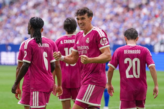 August 16, 2026, xydrx, Men s, Soccer, Friendly Match, FC Schalke 04 vs. Real Madrid, 2026–2027 Season, Veltins Arena: Celebrations after Real Madrid’s 3–0 goal scored by Carlos Espi, Real Madrid, 19. DFB regulations prohibit any use of photographs as image sequences and or quasi-video. Copyright: HMBxMedia YannisxDreimann