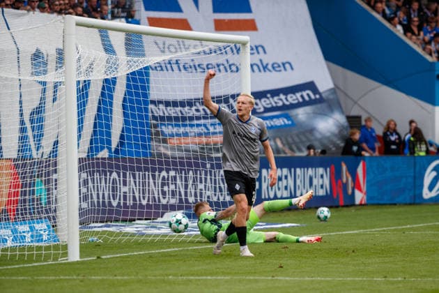 Julian Rieckmann celebrates a goal; Waldhof defender; goalkeeper Luca Unbehaun, Rostock, GER; FC Hansa Rostock vs. SV Waldhof Mannheim; soccer; men s; 3rd Division; Matchday 2; 2026–2027 season, August 16, 2026, Rostock Ostseestadion, Mecklenburg-Western Pomerania, Germany