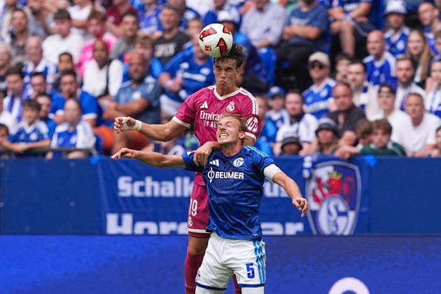 August 16, 2026, xydrx, Men s, Soccer, Friendly Match, FC Schalke 04 vs. Real Madrid, 2026–2027 Season, Veltins Arena, Carlos Espi (Real Madrid), age 19, in a tackle against Timo Becker (FC Schalke 04), 5. DFB regulations prohibit any use of photographs as image sequences and or quasi-video. Copyright: HMBxMedia YannisxDreimann