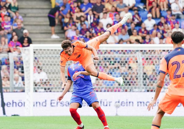 August 16, 2026, Switzerland, Basel, St. Jakob Park, Men s Soccer, 2026–2027 Season, Friendly Match: FC Basel vs. FC Barcelona, 2–5, Photo: Andreas Christensen (FC Barcelona) (top) vs. Albian Ajeti (FC Basel), Action: Tackle