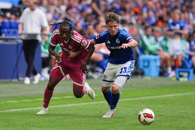 August 16, 2026, xydrx, Men s, Soccer, Friendly Match, FC Schalke 04 vs. Real Madrid, 2026–2027 Season, Veltins Arena, Yan Diomande (Real Madrid), No. 25 in a tackle against Vitalie Becker (FC Schalke 04), No. 33. DFB regulations prohibit any use of photographs as image sequences and or quasi-video. Copyright: HMBxMedia YannisxDreimann