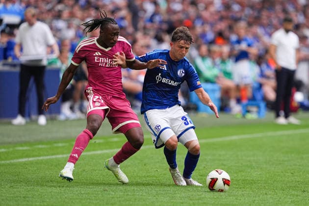 August 16, 2026, xydrx, Men s, Soccer, Friendly Match, FC Schalke 04 vs. Real Madrid, 2026–2027 Season, Veltins Arena, Yan Diomande (Real Madrid), No. 25 in a tackle against Vitalie Becker (FC Schalke 04), No. 33. DFB regulations prohibit any use of photographs as image sequences and or quasi-video. Copyright: HMBxMedia YannisxDreimann