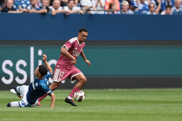 Soufiane El Faouzi of FC Schalke 04 and Trent Alexander-Arnold of Real Madrid during the friendly match between FC Schalke 04 and Real Madrid CF. Copyright Thomas Pakusch Copyright: Thomas Pakusch