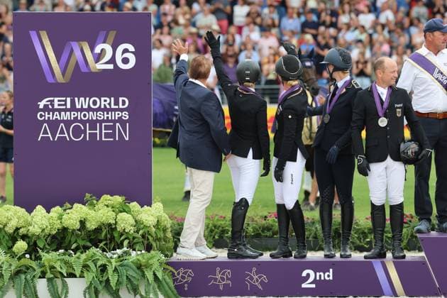 Awards Ceremony: 2nd Place Team, Germany (from left to right): Michael Jung on fischerChipmunk FRH, Libussa Lübbeke on Caramia FRH, Julia Krajewski on Uelzeners Nickel, Malin Hansen Hotopp on Carlitos Quidditch K, and team captain Dr. Annette Wyrwoll, Eventing, FEI Eventing World Championship, DHL Prize, Individual Team, Aachen FEI World Championships 2026, World Festival of Equestrian Sports, 2026 World Equestrian Games, Aachen 2026, Welcome Home 2026, Aachen Soers, August 11–23, 2026, Equestrian Sports, August 16, 2026, Aachen Soers, Germany