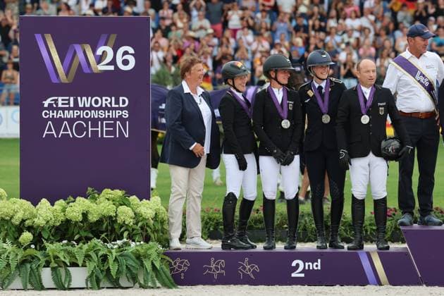 Awards Ceremony: 2nd Place Team, Germany (from left to right): Michael Jung on fischerChipmunk FRH, Libussa Lübbeke on Caramia FRH, Julia Krajewski on Uelzeners Nickel, Malin Hansen Hotopp on Carlitos Quidditch K, and team captain Dr. Annette Wyrwoll, Eventing, FEI Eventing World Championship, DHL Prize, Individual Team, Aachen FEI World Championships 2026, World Festival of Equestrian Sports, 2026 World Equestrian Games, Aachen 2026, Welcome Home 2026, Aachen Soers, August 11–23, 2026, Equestrian Sports, August 16, 2026, Aachen Soers, Germany