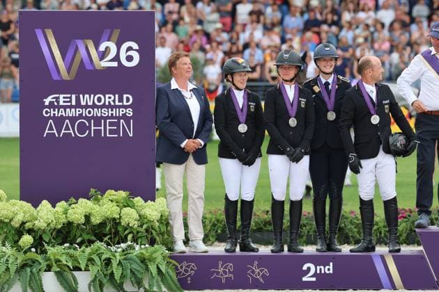 Awards Ceremony: 2nd Place Team, Germany (from left to right): Michael Jung on fischerChipmunk FRH, Libussa Lübbeke on Caramia FRH, Julia Krajewski on Uelzeners Nickel, Malin Hansen Hotopp on Carlitos Quidditch K, and team captain Dr. Annette Wyrwoll, Eventing, FEI Eventing World Championship, DHL Prize, Individual Team, Aachen FEI World Championships 2026, World Festival of Equestrian Sports, 2026 World Equestrian Games, Aachen 2026, Welcome Home 2026, Aachen Soers, August 11–23, 2026, Equestrian Sports, August 16, 2026, Aachen Soers, Germany