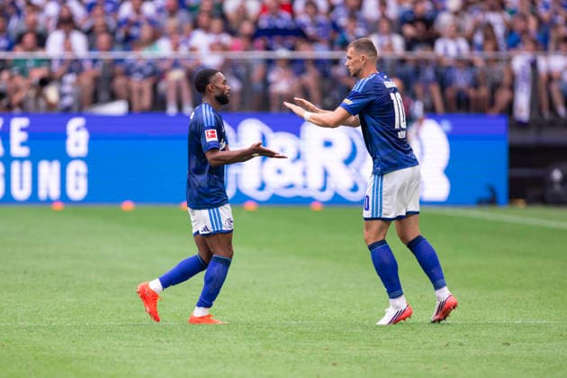August 15, 2026, Soccer, Friendly Match: FC Schalke 04 vs. Real Madrid CF, featuring Moussa Sylla (FC Schalke 04) and Edin Dzeko (FC Schalke 04), Gelsenkirchen, Veltins Arena, North Rhine-Westphalia, Germany, xRHR, PHOTO DEx Copyright: DennisxEwert RHR-FOTOx RHR-FOTO DE